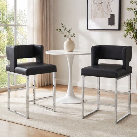 Juego de 2 taburetes de bar nórdicos cuadrados 48 x 53,3 x 91,4 cm PU negro y metal plateado OKWISH (1/5)