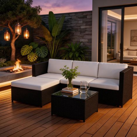 FENCHILIN Garden Corner Sofa rattan Garden Furniture Patio Set Garden Entertaining Set Garden Rattan Furniture Lounge Set,Black (1/5)