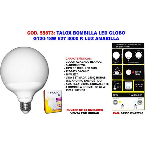 Ampoule globe LED TALOX G120 E27 18W 3000K lumière jaune