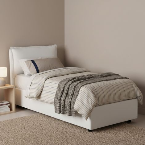 Talamo Italia Letto singolo Rossella, Letto contenitore con rivestimento in tessuto, 100% Made in Italy, Apertura frontale, con materasso Cm 80x200 incluso, Bianco, con imballo rinforzato (1/5)