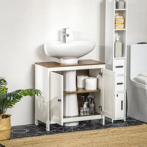 Meuble vasque en bois blanc et noyer, 60x30x60 cm, étagère ajustable intérieure, rangement salle de bain