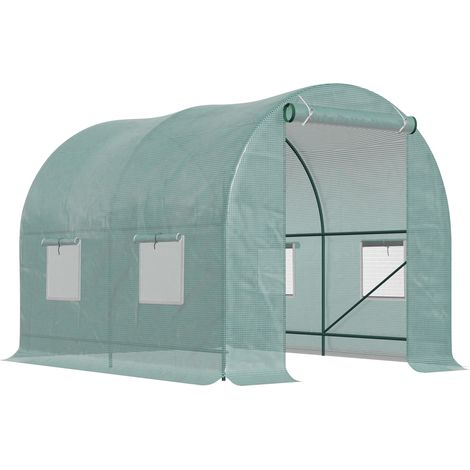 2.45 x 2m Polytunnel Greenhouse, Walk-in Greenhouse with Large Roll-Up Door & Windows, Plastic Cover, Steel Frame, Easy Access & Ventilation, Green