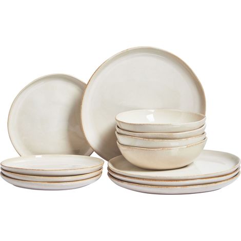 Set of 12 Pieces Light Beige Stoneware Kaolin Handmade Reactive Glaze Finish Service for 4 People Kitchen Dining Room HOPS
