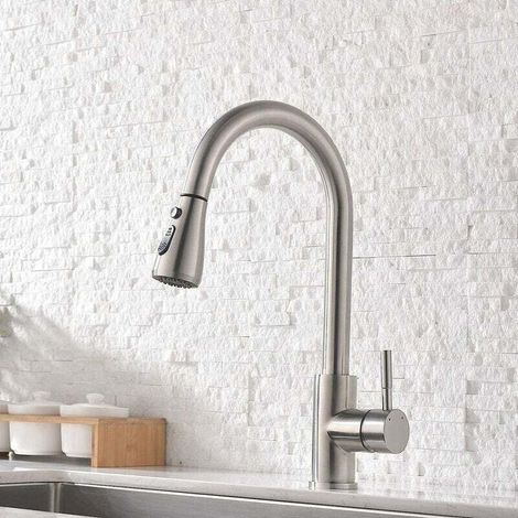 Pull Out Kitchen Faucet - 360° Swivel Kitchen Tap - 2 Modes - Raised Curved Spout Kitchen Faucet, Brushed Nickel MUMU (1/4)