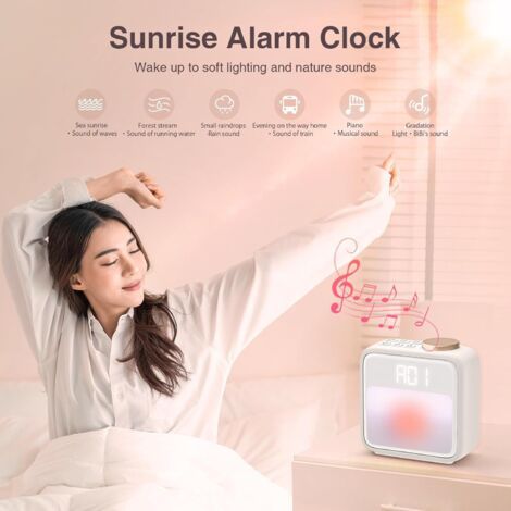 Sveglia con luce del sole, 6 suoni naturali e luci notturne a 10 colori, doppio allarme luce solare, funzione di addormentamento, per dormienti pesanti (1/4)