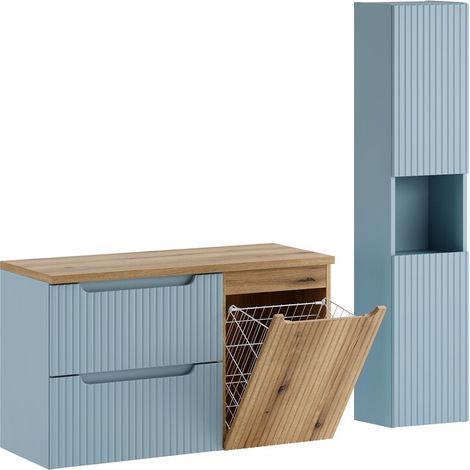 Ensemble meuble suspendu sous vasque 100 cm avec plan chêne et colonne 30 x 140 cm NOVA DENIM (1/5)