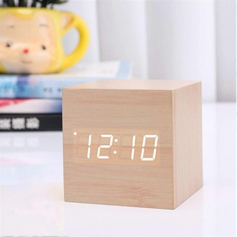 Réveil numérique LED, horloge cube en bois, horloge de bureau en bois, réveil en bois, horloge cube numérique à commande vocale pour chambre (naturel) (1/4)