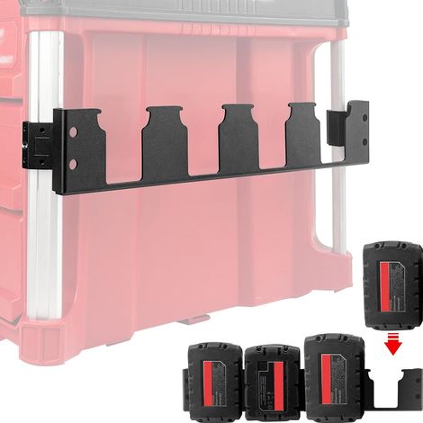 Support de piles à 4 emplacements compatible avec les piles Milwaukee M18. Solution de rangement latéral pratique, adaptée aux systèmes d'emballage Milwaukee, avec clips d'angle pour un rangement faci (1/5)