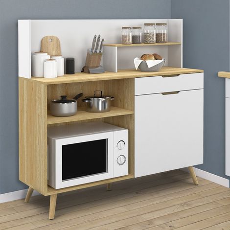 Aparador de cocina bajo 120 CM Encimera OLAF H.83 cm 1 puerta + 1 cajón haya y blanco