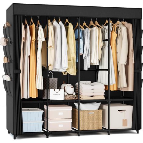 Armoire Chambre en Tissu, Grande Penderie Tissu avec 4 Barres de Suspension, 4 Rangements et 8 Poches, Armoire Vetement Wardrobe avec Housse, Garde Robe Adulte pour Dressing Chambre Noir (1/5)