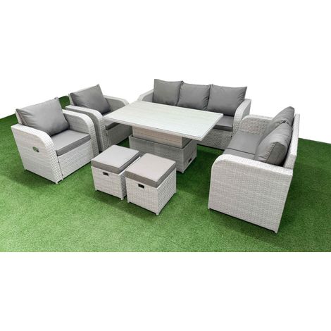 Fimous PE Rattan Garden Furniture Set Reclining Chair Sofa Double Love Seat 2 Seater Sofa Lounge Set Adjustable Lifting Dining or Coffee Table 2 Stools Light Grey (1/5)