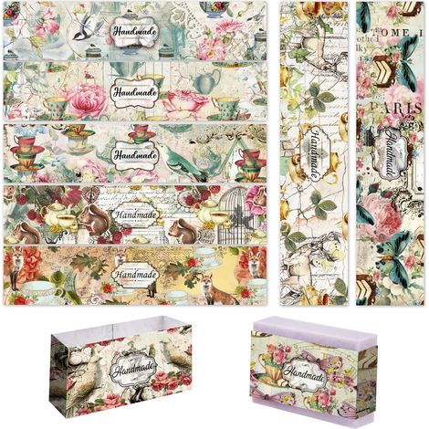 90pcs Floral Adhesive Tape, 9 Styles Vintage High Tea Packaging Paper Adhesive Tape Vertical Soap Paper Label for Handmade Soap Lotion Bar (1/5)