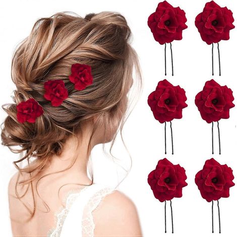 HONORNIC - 6 pinces à cheveux roses rouges, épingles à cheveux roses en forme de U, accessoires de coiffure de fête pour femmes et filles.
