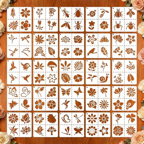 Set di 25 stencil floreali, stencil per pittura, stencil per tessuti, sagome in plastica riutilizzabili per decorazioni murali, legno, tessuti e lavori artigianali, 10,16x10,16 cm (1/5)