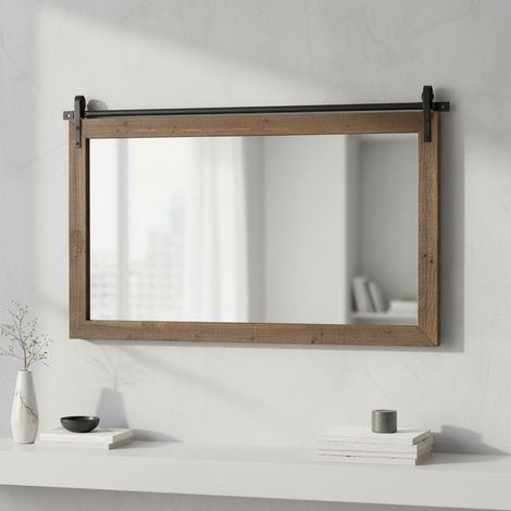 Espejo de pared Melko con marco de madera, abatible, marrón, 86 x 71 cm, estilo rústico, casa de campo y vintage (1/5)