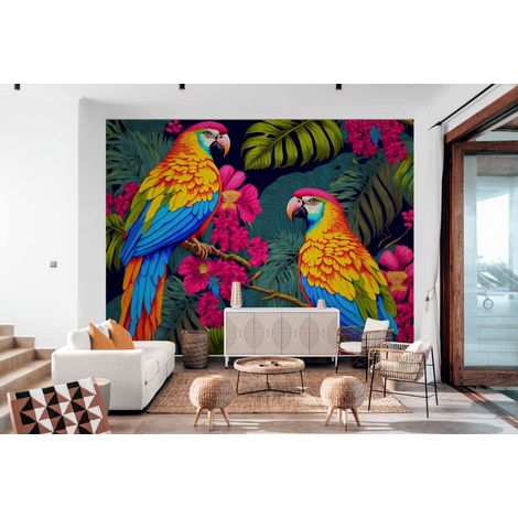 Papier Peint Tropical - Perroquets Exotiques et Fleurs - 150 x 250 cm (1/2)