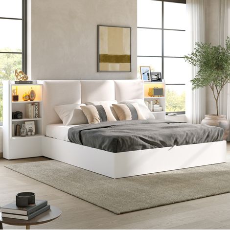 Cama con almacenamiento de 180x200 cm con cabecero tapizado, iluminación LED, 6 compartimentos de almacenamiento y compartimento hidráulico, MDF y madera contrachapada - blanco (1/5)