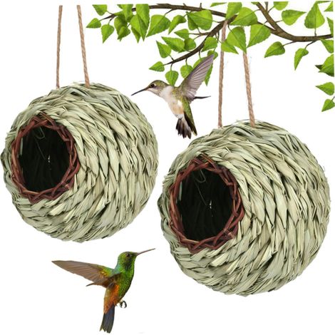 Casetta per uccelli intrecciata in erba e corda per colibrì, 2 pezzi (naturale)