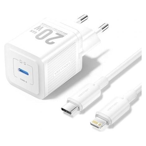 Cargador Gan de Pared Vention TZ-FEPW0-EU-02/ 1xUSB Tipo-C + Cable Lightning/ 20W