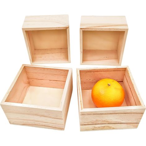 Lot de 4 petites boîtes de rangement carrées en bois brut brut pour décoration de maison (1/5)