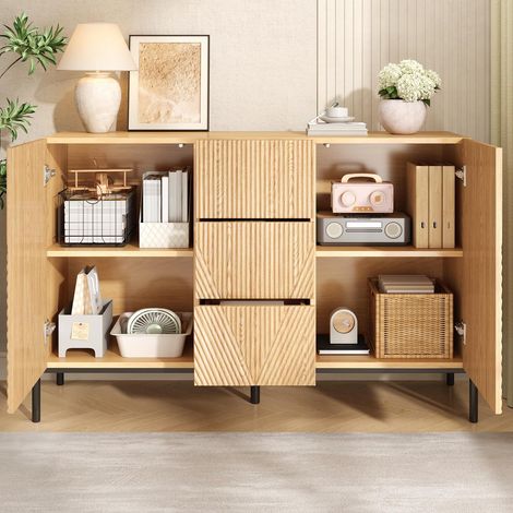 Buffet bas de salon 115.5x40x76 cm, Meuble de rangement cuisine bahut, avec portes géométriques et pieds en métal, Naturel (1/5)