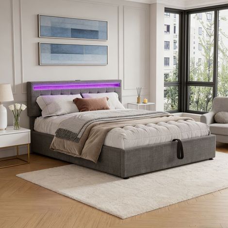 Cama Cofre Doble 160x200 - Almacenamiento - LED regulable - Carga USB