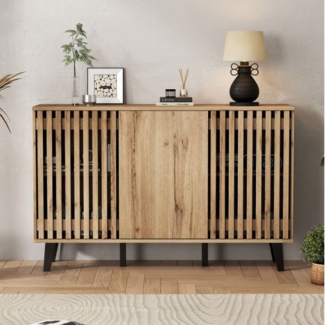 Buffet en panneaux de particules décor bois naturel 150x40x95 cm, 3 portes, 6 compartiments (1/5)