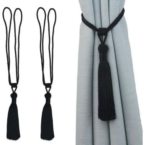 ALLIANDISLot de 2 embrasses de Rideaux Faites à la Main en Corde avec Pompons pour décoration de Bureau Maison (Noir, 2) (1/4)