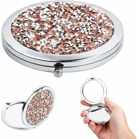 Pocket Makeup Mirror, Pocket Mirror with x1 / x2 Magnification, Round Foldable & Portable Mirror, 7 cm Pocket Mirror Ideal for Women Girls Travel Work School Home, Pink Diamond (1/5)