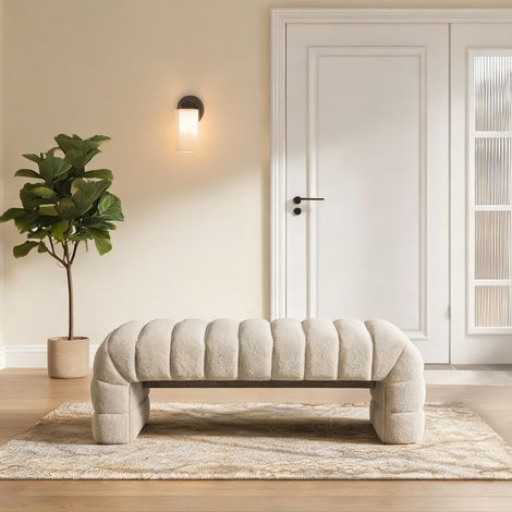Banc en chenille beige avec piètement en bois massif 160 cm