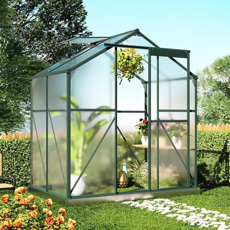 4-season aluminium garden greenhouse, polycarbonate chalet with base and window for seedlings, plants and outdoor plants (1.2 x 1.8 m, green) (1/5)