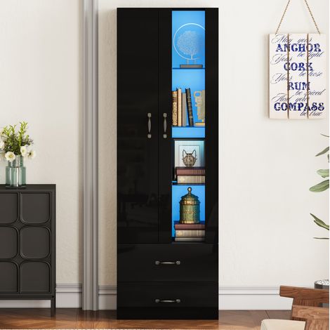Vetrina 59.5x35x182 cm, 2 ante, 2 cassetti, ripiani, pannello truciolare nero (1/5)