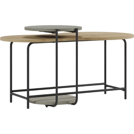 Tables basses gigogne 1 ovale plateau imitation bois et 1 ronde plateau vert sauge piètement métal noir - RHEA
