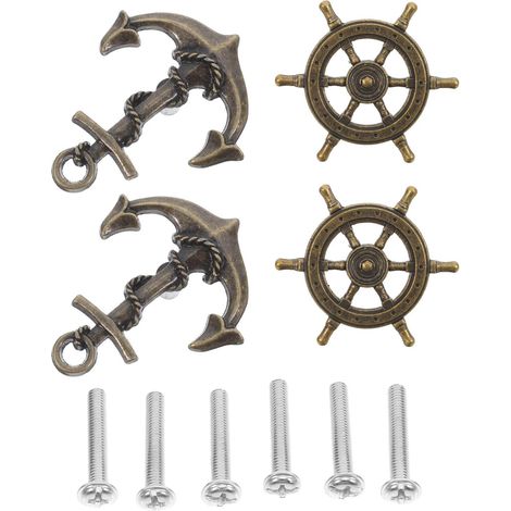 Lot de 4 Poignées de Meuble Vintage Forme Roue de Bateau et Ancre en Alliage de Zinc Résistantes à L'usure, Installation Facile pour Commodes et Tiroirs (1/5)
