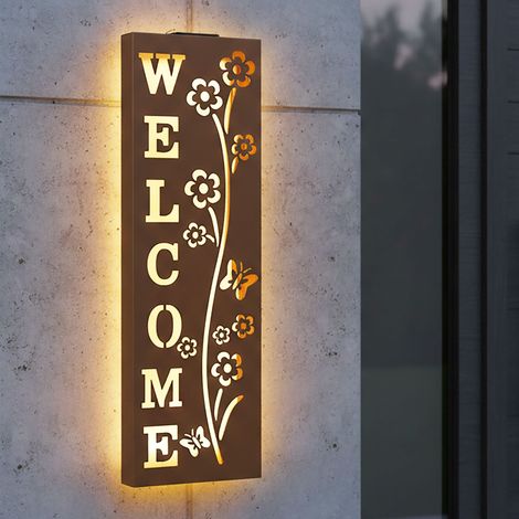Solar Metall Wandbild WELCOME in Rost Optik - 61 x 20 cm - Wand Dekobeleuchtung wasserfest 5 LED warm weiß