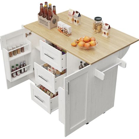Îlot de cuisine avec cloisons amovibles et roulettes amovibles, chariot de cuisine avec plan de travail, buffet de salle à manger à effet bois, porte-serviettes latéral à roulettes, blanc (1/5)