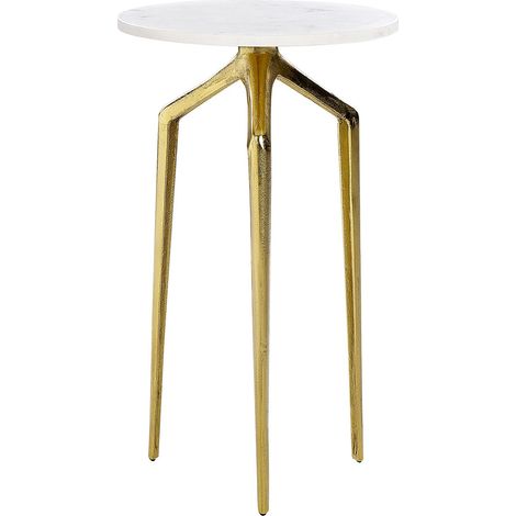 Tavolino Glam 3 gambe in metallo dorato piano in marmo rotondo bianco Tilpa