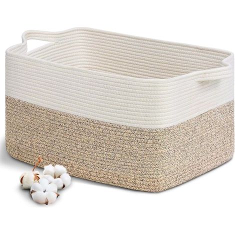 Large Woven Cotton Laundry Basket with Handle, 55x30 cm Cotton Rope Laundry Hamper, Foldable Storage Basket, for Clothes, Toys, Linens, Living Room, Bedroom, Bathroom (1/5)