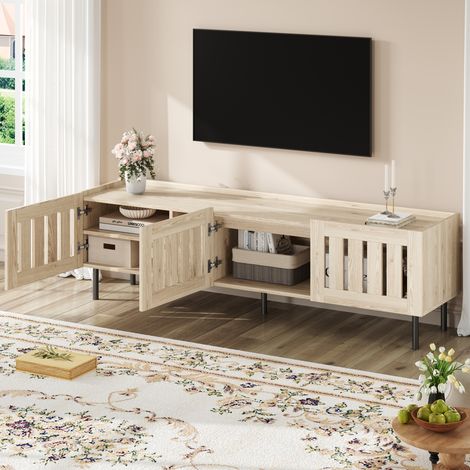 Mobile porta TV a 3 ante - finitura naturale, per TV fino a 65 pollici, design a listelli traforati, gambe in MDF e metallo (1/5)