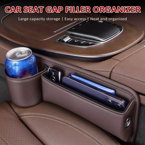 Organizer per sedile auto, vano portaoggetti anteriore automatico in similpelle con portabicchieri, organizer per telefono, occhiali da sole, carte (nero, lato guidatore)