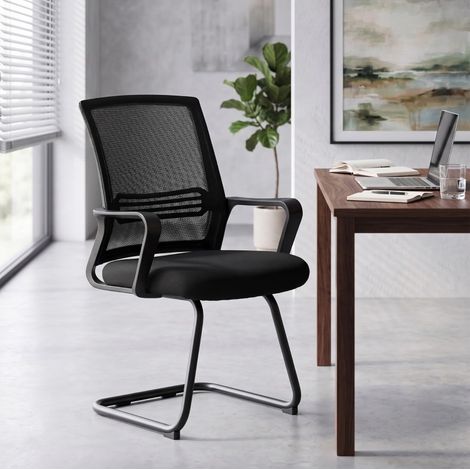 Set di 2 sedie ergonomiche da ufficio senza ruote in rete nera con base a slitta (1/5)