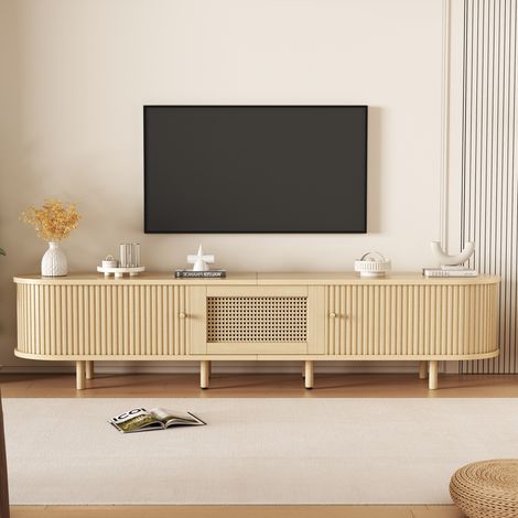 Meuble TV/console basse moderne aux formes arrondies et à porte enroulable, en MDF, avec tiroir, compatible avec les téléviseurs jusqu'à 75 pouces, pour salon et salle à manger, 180 x 40 x 40 cm, fini (1/4)