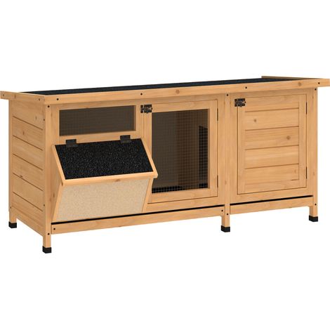 PawHut conejera de madera con techo asfáltico abatible, puertas con pestillo, bandejas extraíbles y comedero, 112x50x54 cm, amarillo