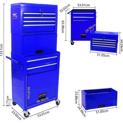 Carrello portautensili blu DESVIAE a 6 cassetti, con serratura e ruote (1/5)