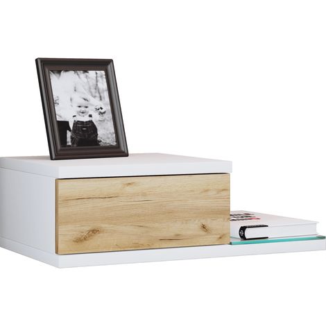 Armario de noche VCM  cajón de pared  tablero de pared  mesita de noche  dimensiones aprox. AL. 15 x AN. 48 x T. 28 cm - Konsila M (Blanco / Roble de Miel)