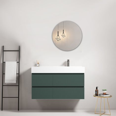 Mobile bagno sospeso cannettato 100 cm Verde Comodoro Lavabo a Destra in Resina Specchio Tondo - Fiji Paint