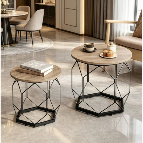 Set de 2 mesas auxiliares (50x45x50 cm y 40x36x40 cm), con tapa extraíble y almacenaje, metal y madera gris (1/4)