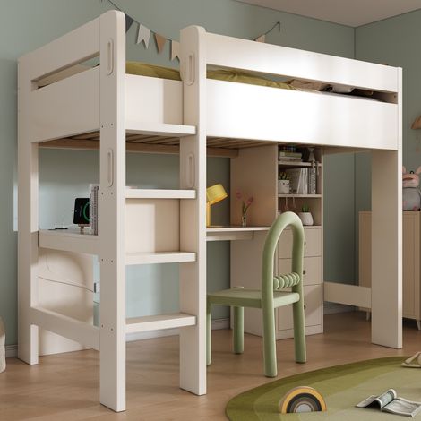 Lit mezzanine enfant 90x200 cm avec bureau en L, tiroirs et étagères, lit combiné ado avec port USB, bois MDF Blanc (1/5)