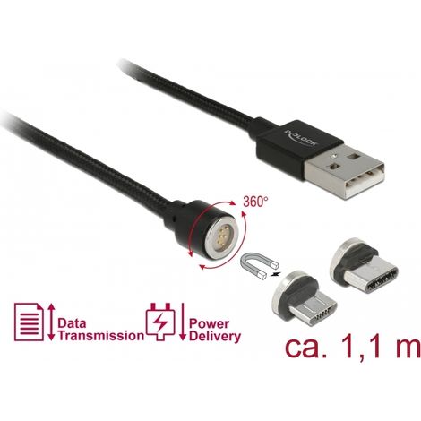 Delock Juego de cables magnÃ©ticos de datos y carga USB para Micro USB / USB Type-Câ¢ negro 1,1 m