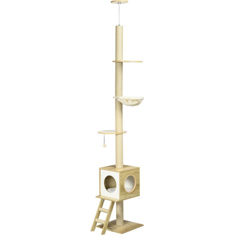 Arbre à chat, hauteur plafond, maison pour chat, deux plateformes, hamac, dispositif anti-basculement, marron clair et beige, 40 x 40 x 260 cm (1/5)